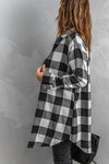 Black Turn-down Collar Plaid Shirt Coat-Outerwear-MomFashion