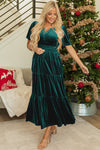 Evergreen Velvet Short Sleeve Shirred Waist Tiered Maxi Dress-Dresses/Maxi Dresses-MomFashion