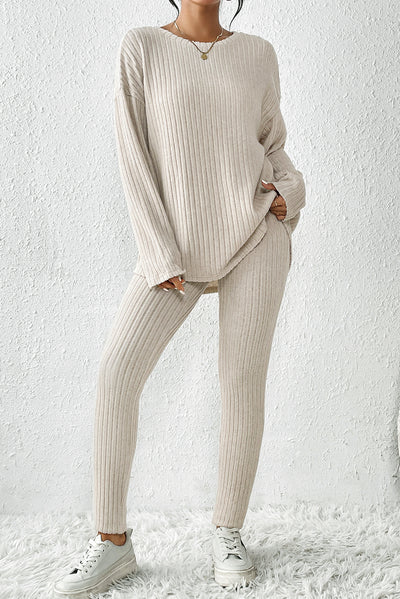 Apricot Ribbed Knit Loose Long Sleeve Top Skinny Pants Set-Loungewear-MomFashion