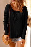 Black Waffle Knit Henley Top-Tops-MomFashion