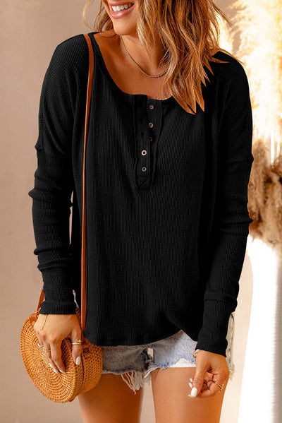 Black Waffle Knit Henley Top-Tops-MomFashion