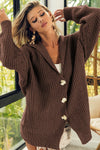 Brown Chunky Knit Lapel Collar Button up Cardigan-Tops-MomFashion