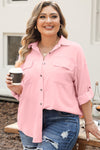 Pink Flap Pocket Tab Sleeve Button-Down Plus Size Shirt-Plus Size-MomFashion
