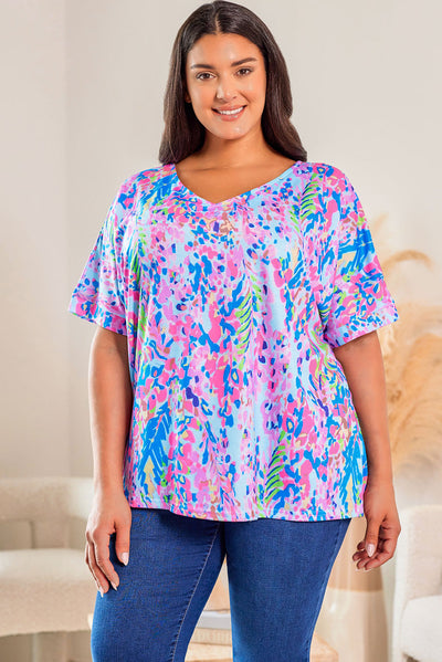 Sky Blue Plus Size Plant Print V Neck T-shirt-Plus Size-MomFashion