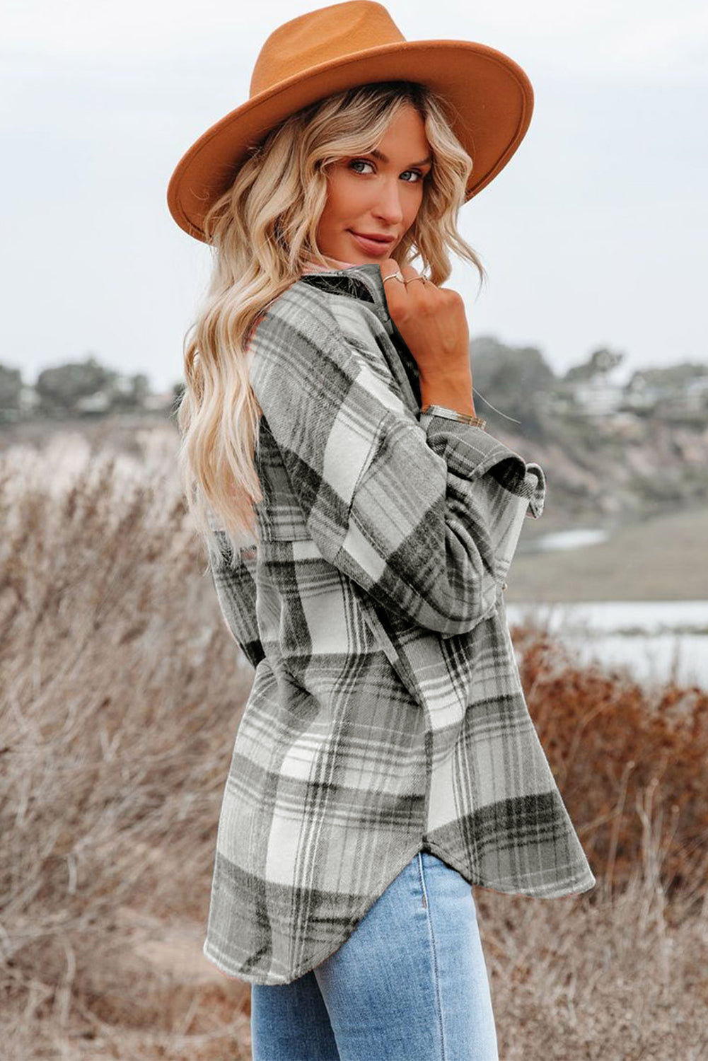 Medium Grey Plaid Flap Pockets Shacket-Outerwear-MomFashion