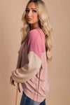 Pink Color Block Long Sleeve Ribbed Loose Top-Tops-MomFashion