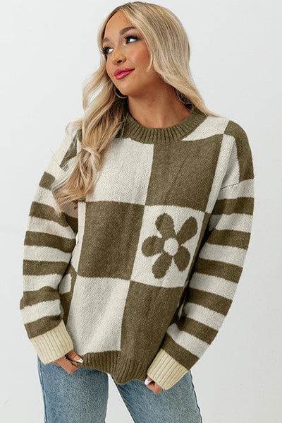 Green Checkered Floral Print Striped Sleeve Sweater-Tops-MomFashion