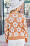 Grapefruit Orange Fuzzy Floral Knitted Drop Shoulder Sweater-Tops-MomFashion