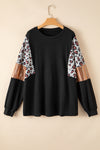 Black Leopard Sequin Patch Plus Size Long Sleeve Top-Plus Size-MomFashion