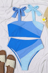 Sky Blue Ombre Color Block Tie Shoulder Bikini High Waist Swimsuit-Swimwear-MomFashion