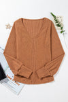 Brown U Neck Textured Long Sleeve Top-Tops-MomFashion