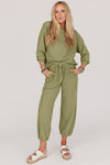 Laurel Green Waffle Knit Long Sleeve Top Drawstring Joggers Set-Loungewear-MomFashion