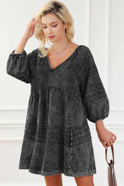 Black Pleated V Neck Puff Sleeve Denim Babydoll Dress-Dresses-MomFashion