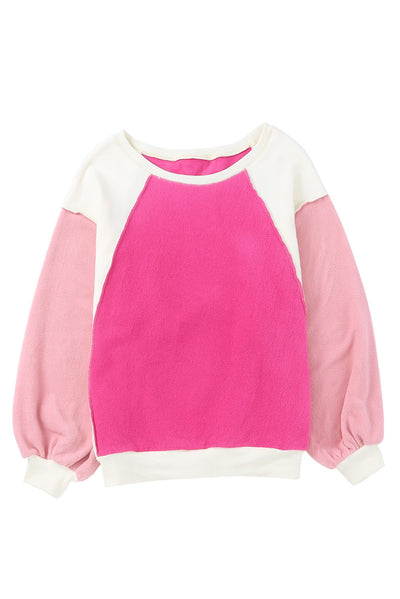 Rose Colorblock Long Sleeve Pullover Fleece Sweatshirt-Tops-MomFashion