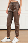 Brown Leather Tie Waist Jogger Pants-Bottoms-MomFashion