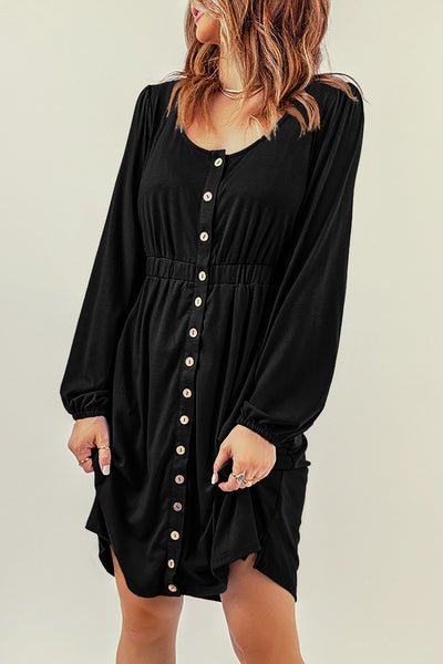 Black Button Up High Waist Long Sleeve Dress-Dresses-MomFashion