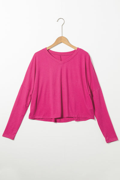 Rose Fiery Red Loose V Neck Dropped Long Sleeve Top-Tops-MomFashion