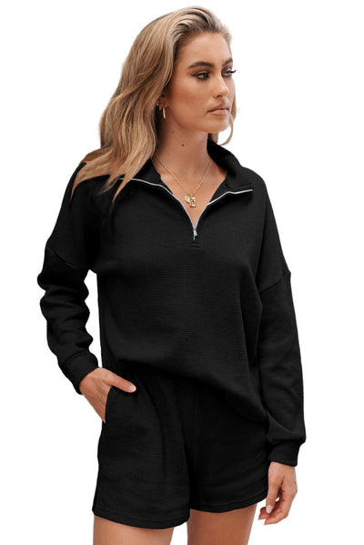 Black Ribbed Zipper Sweatshirt and High Waist Shorts Set-Loungewear-MomFashion