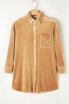 Light French Beige Velvet Button Front Shirt Mini Dress-Dresses-MomFashion