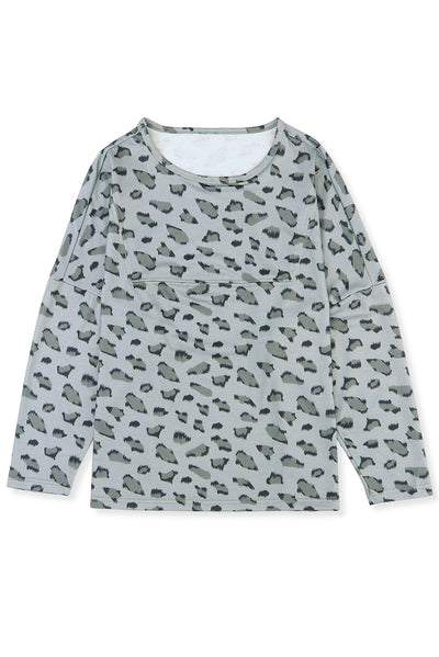 Leopard Animal Print Stitching Loose Long Sleeve Top-Tops-MomFashion