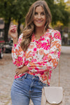 Bright White Floral Print Split V Neck Blouse-Tops-MomFashion