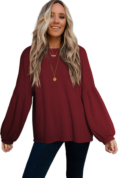 Faux Knit Jacquard Puffy Long Sleeve Top-Tops-MomFashion