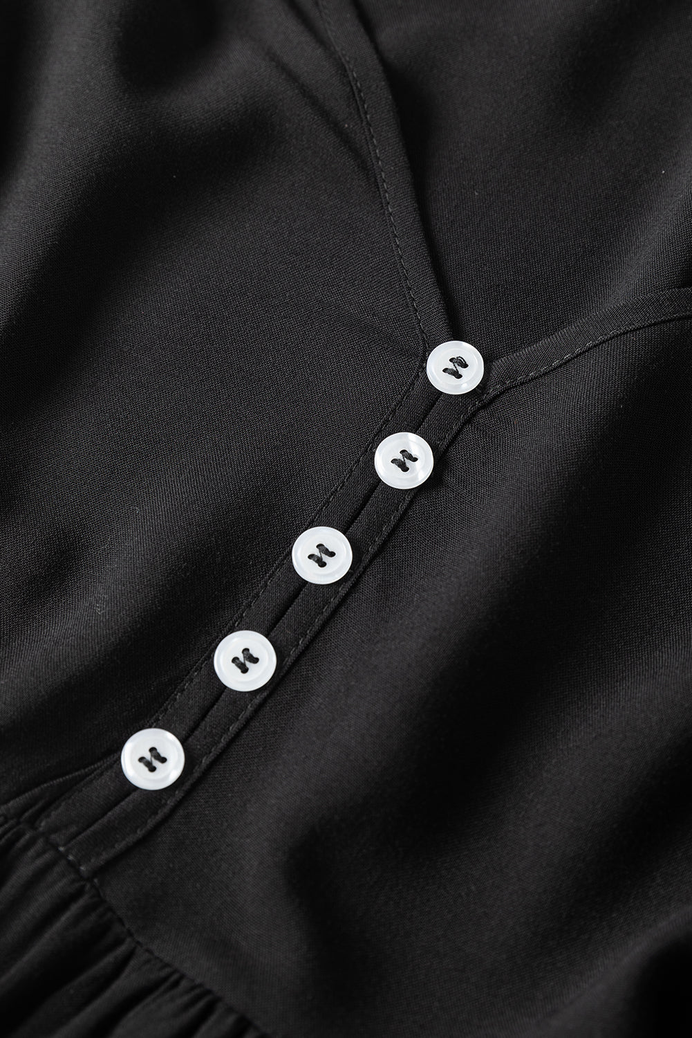 Black Lace Puff Sleeve Buttoned Tiered Ruffled Mini Dress-Dresses-MomFashion