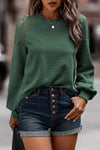 Green Lace Long Sleeve Textured Pullover-Tops-MomFashion