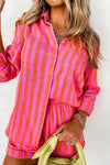 Orange Striped Print Collared Neck Shirt and Shorts Set-Loungewear-MomFashion