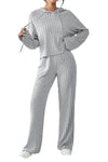 Gray Ribbed Knit Slouchy Hoodie Wide Leg Pants Set-Loungewear-MomFashion