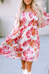 White Floral Print Smocked Puff Sleeve Mini Dress-Dresses-MomFashion