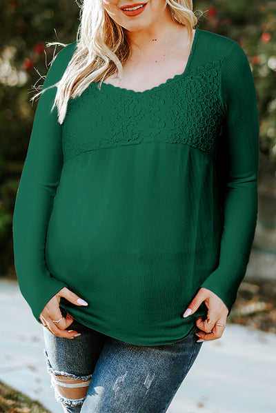 Green Lace Crochet V Neck Long Sleeve Top-Tops-MomFashion