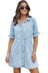 Beau Blue Mineral Wash Ruffled Short Sleeve Buttoned Denim Dress-Dresses-MomFashion