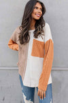 Orange Long Sleeve Colorblock Chest Pocket Textured Knit Top-Tops-MomFashion