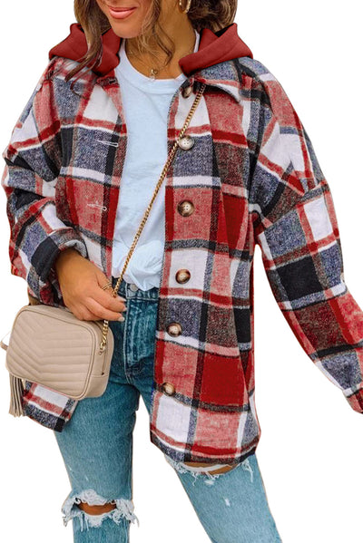 Fiery Red Hooded Plaid Button Front Shacket-Outerwear-MomFashion