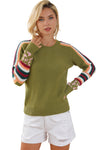 Green Leopard Contrast Striped Sleeve Ribbed Trim Sweater-Tops-MomFashion