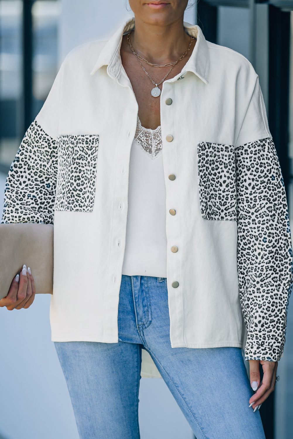 White Contrast Leopard Denim Jacket-Outerwear-MomFashion