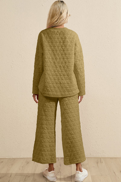 Sage Green Solid Quilted Pullover and Pants Outfit-Loungewear-MomFashion