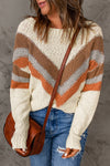 Beige Chevron Striped Drop Shoulder Sweater-Tops-MomFashion