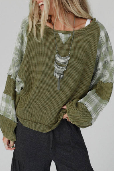 Green Plaid Patch Waffle Knit Exposed Seam Bubble Sleeve Top-Tops-MomFashion