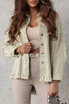 Green Distressed Fringe Trim Denim Jacket-Outerwear-MomFashion