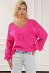 Rose Red Pearl Embellished Fuzzy Hearts V Neck Sweater-Tops-MomFashion