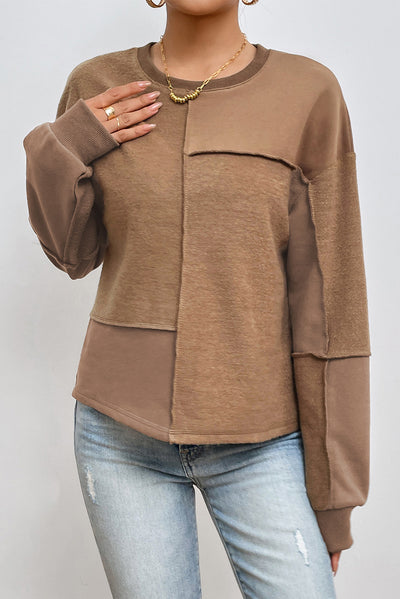 Coffee Solid Exposed Seam Pullover Sweatshirt-Tops-MomFashion