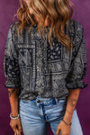 Navy Blue Vintage Boho Paisley Print 3/4 Sleeve Blouse-Tops-MomFashion