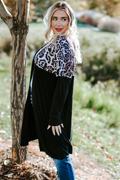 Black Leopard Detail Plus Size Cardigan-Plus Size-MomFashion