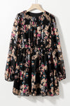 Black Floral Smocked Round Neck Ruffle Tiered Dress-Dresses-MomFashion