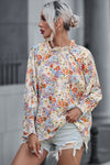 Multicolor Shirred Cuffs Bubble Sleeve Floral Blouse-Tops-MomFashion