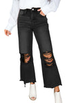 Black Distressed Hollow-out High Waist Cropped Flare Jeans-Bottoms-MomFashion