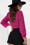 Rose Leopard Print Pleated Blouse with Keyhole-Tops-MomFashion