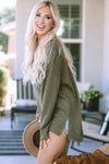 Green Waffle Knit High Slits Oversized Top-Tops-MomFashion